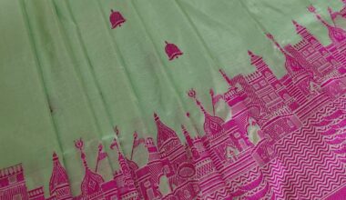 Pure katan silk Pastel Green & Pink Banarasi Saree with Temple Motif Weave